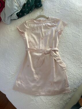 Girls Blush Satin Tie-Waist Dress with Floral Embellishments